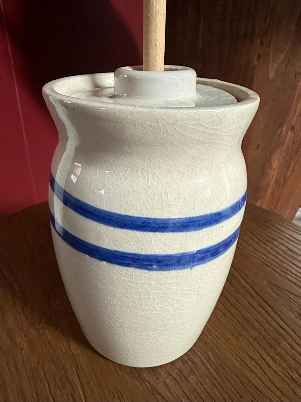 Faux Butter Churn Home Decor With Blue Strips-Great Condition-9